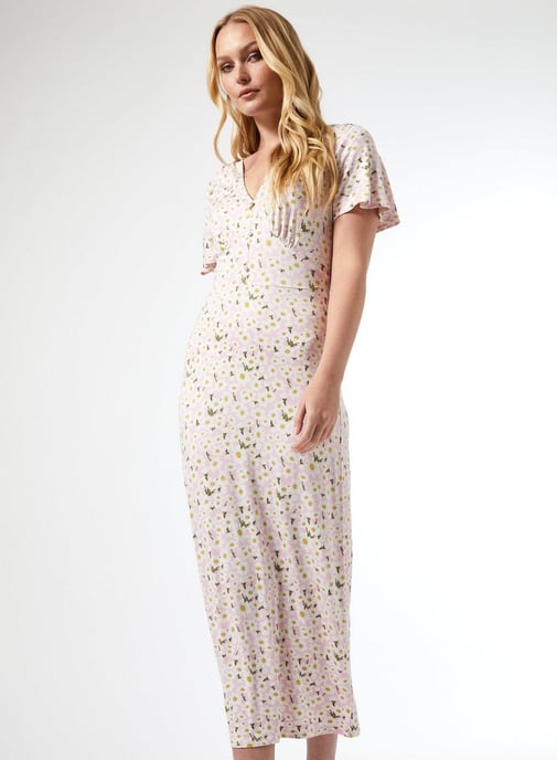 Dorothy Perkins Womens Tall Pink Floral Print Midi Jersey Dress Casual Summer