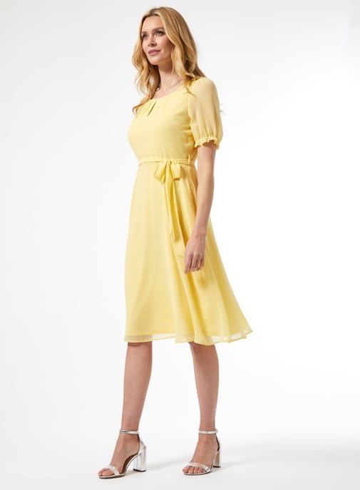 Dorothy Perkins Womens Billie & Blossom Yellow Puff Sleeve Midi Dress Scoop Neck