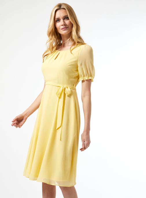 Dorothy Perkins Womens Billie & Blossom Yellow Puff Sleeve Midi Dress Scoop Neck