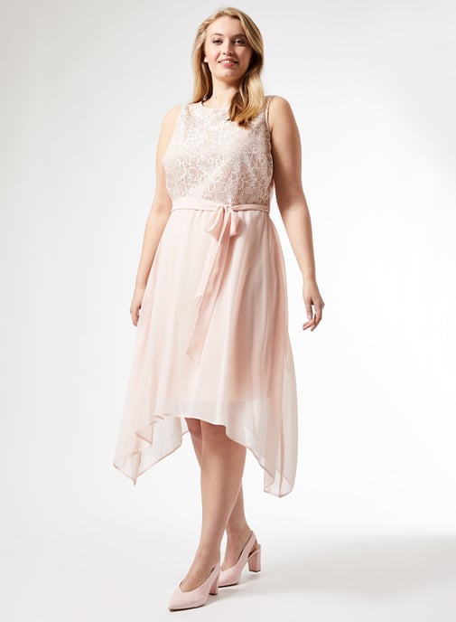 Dorothy Perkins Womens Billie & Blossom Curve Pink Lace Hanky Hem Midi Dress