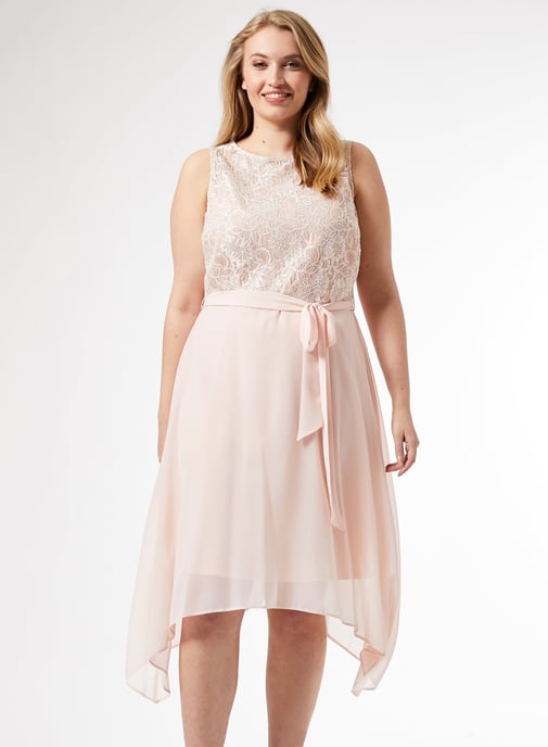 Dorothy Perkins Womens Billie & Blossom Curve Pink Lace Hanky Hem Midi Dress