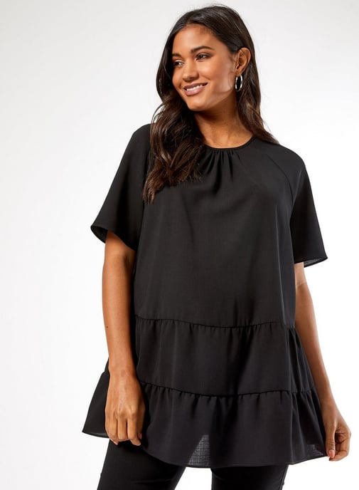 Dorothy Perkins Womens Maternity Black Tiered Frill Top Blouse Short Sleeve