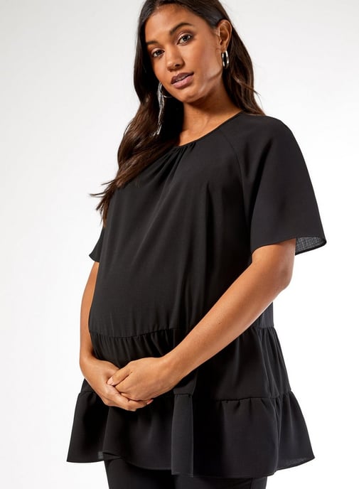 Dorothy Perkins Womens Maternity Black Tiered Frill Top Blouse Short Sleeve