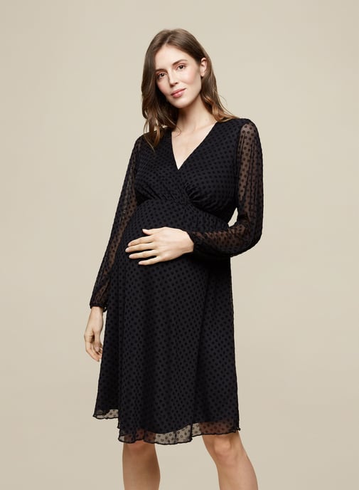 Dorothy Perkins Womens Maternity Black Mesh Wrap Dobby Dress Long Sleeve