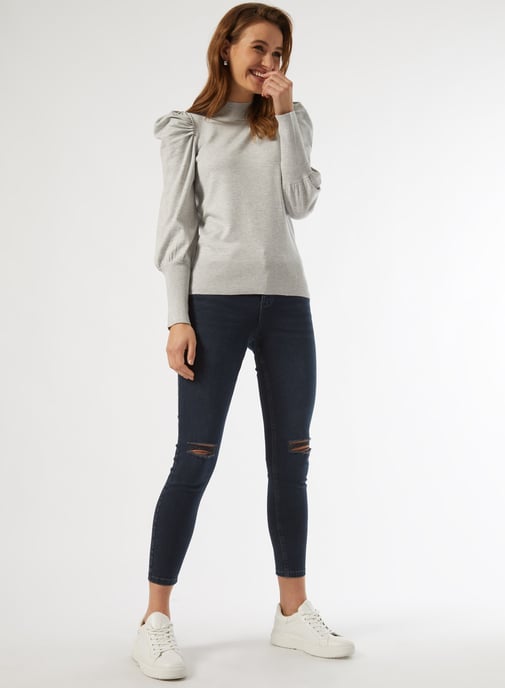 Dorothy Perkins Womens Grey Marl Volume Sleeve Jumper Sweater Pullover Knitwear