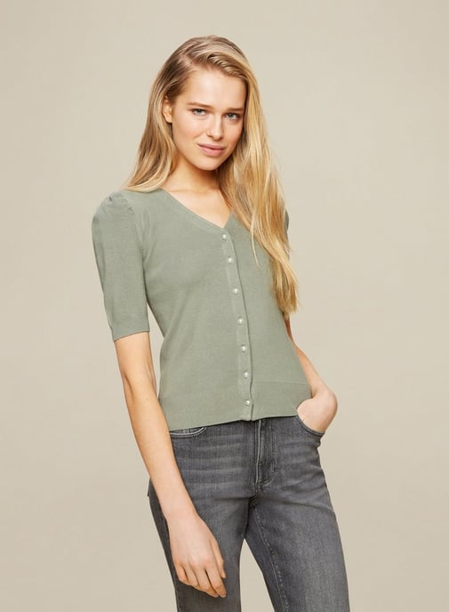 Dorothy Perkins Womens Green Puff Sleeve Cardigan 3/4 Sleeve Jumper Knitwear Top