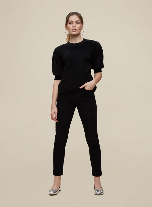 Dorothy Perkins Womens Black Knitted T Shirt 3/4 Sleeve Blouse Top Round Neck