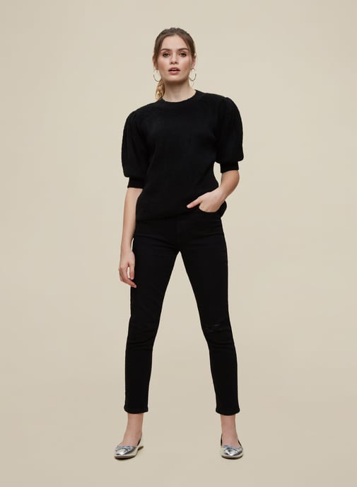 Dorothy Perkins Womens Black Knitted T Shirt 3/4 Sleeve Blouse Top Round Neck