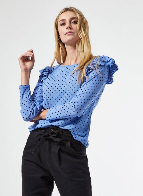 Dorothy Perkins Womens Blue Spot Ruffle Top Long Sleeve Round Neck Blouse Shirt