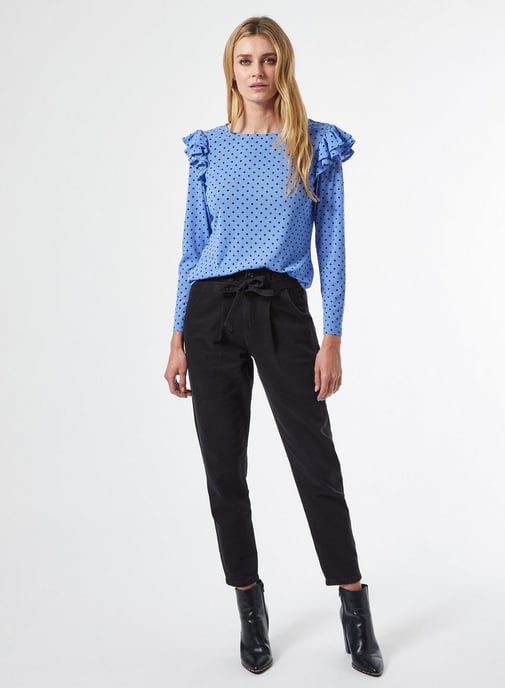 Dorothy Perkins Womens Blue Spot Ruffle Top Long Sleeve Round Neck Blouse Shirt