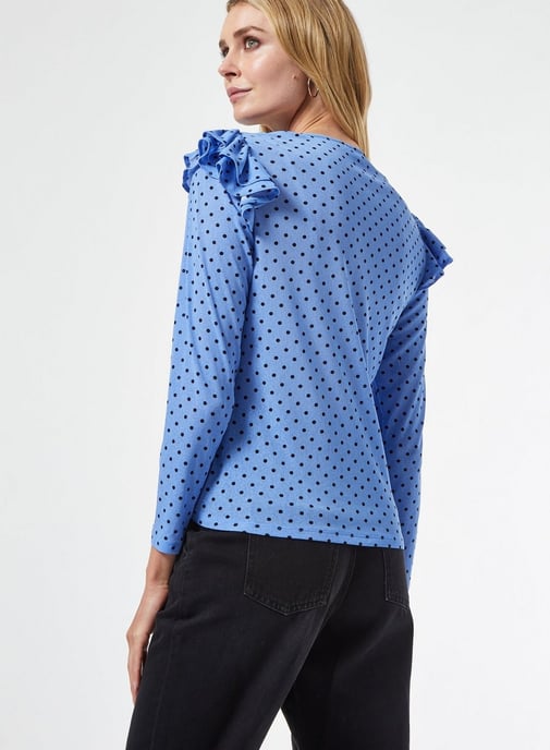Dorothy Perkins Womens Blue Spot Ruffle Top Long Sleeve Round Neck Blouse Shirt