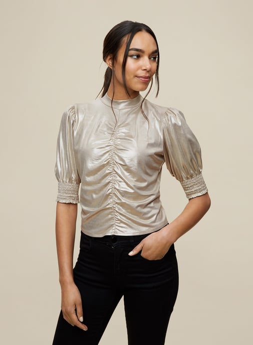 Dorothy Perkins Womens Gold Ruched Front Top Shirt Blouse 3/4 Sleeve Round Neck