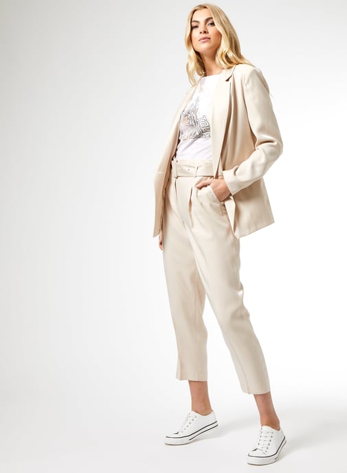 Dorothy Perkins Womens White Shimmer Tailored Trousers Pants Belt Side Pockets
