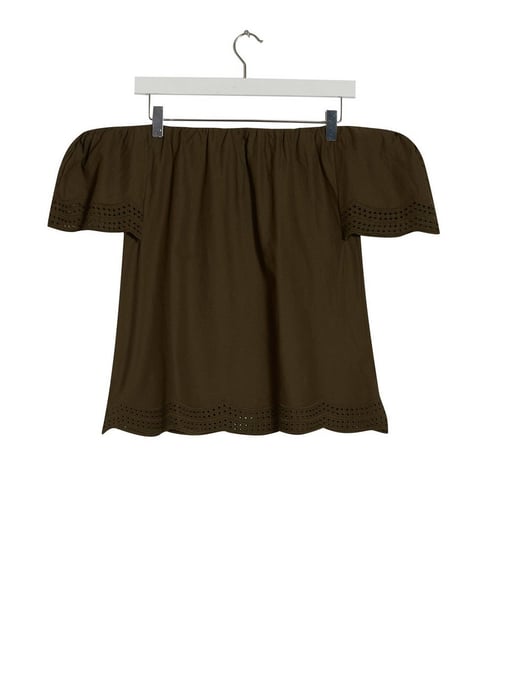 Dorothy Perkins Womens Khaki Embroidered Bardot Top Shirt Blouse Shoulder Off