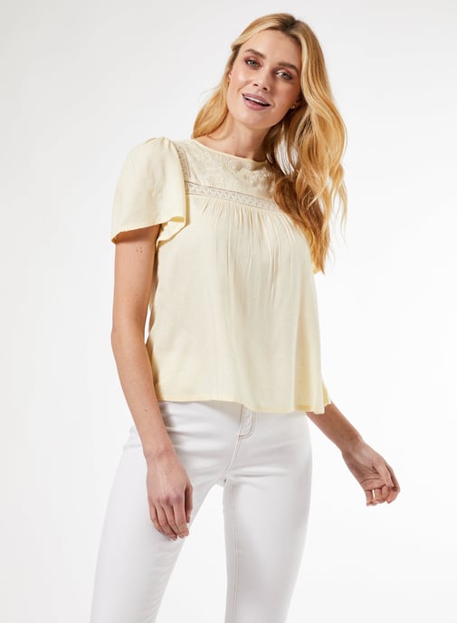Dorothy Perkins Womens Yellow Embroidery Dobby Top Round Neck Short Sleeve