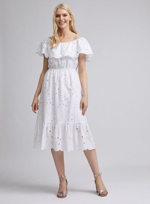Dorothy Perkins Womens Ivory Bardot Broderie Midi Fit & Flare Dress Short Sleeve