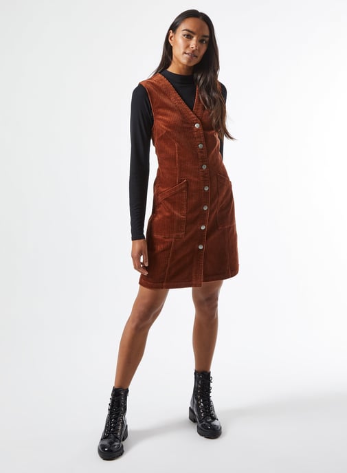 Dorothy Perkins Womens Brown Corduroy Pinafore Dress Sleeveless V-Neck
