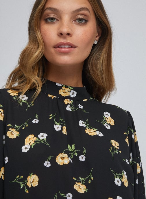 Dorothy Perkins Womens Petite Black Floral Top Turtleneck 3/4 Sleeve Blouse