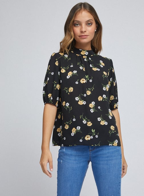 Dorothy Perkins Womens Petite Black Floral Top Turtleneck 3/4 Sleeve Blouse