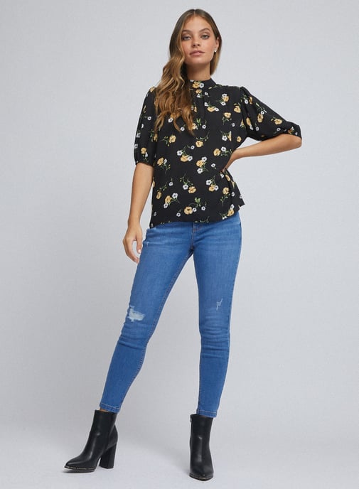 Dorothy Perkins Womens Petite Black Floral Top Turtleneck 3/4 Sleeve Blouse
