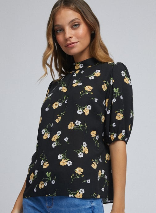 Dorothy Perkins Womens Petite Black Floral Top Turtleneck 3/4 Sleeve Blouse
