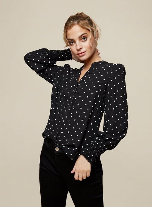 Dorothy Perkins Womens Petite Black Spot Blouse Shirt Top Long Sleeve V-Neck