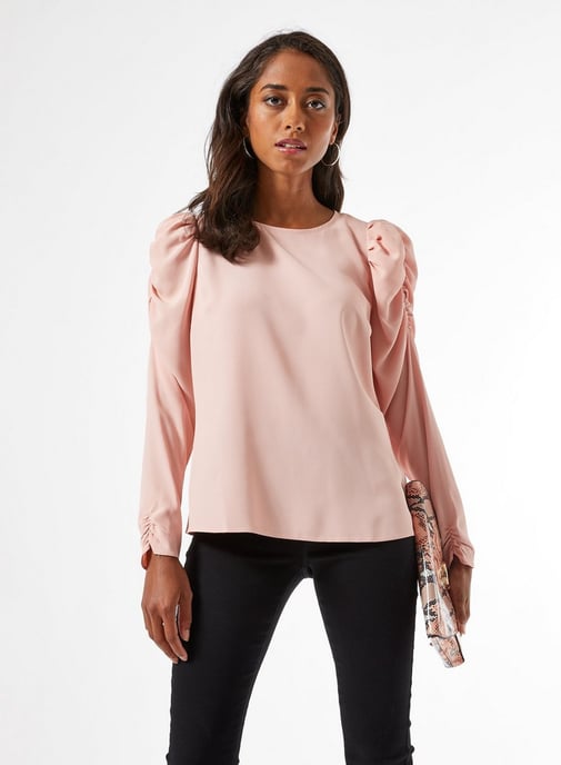 Dorothy Perkins Womens Petite Pink Long Sleeve Puff Shoulder Top Blouse