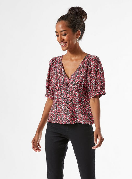 Dorothy Perkins Womens Petite Red Ditsy Print Button Through Top Blouse