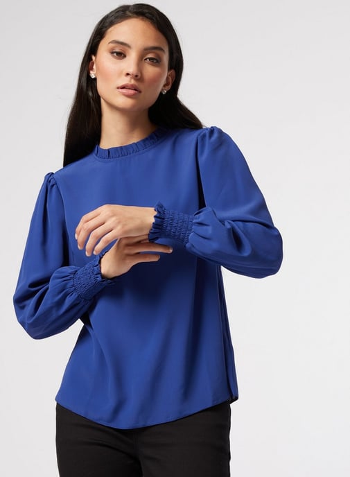 Dorothy Perkins Womens Petite Blue Shirred Cuff Top Shirt Blouse Long Sleeve