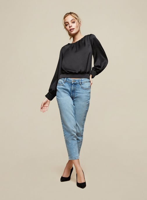 Dorothy Perkins Womens Petite Black Shoulder Padded Top Long Sleeve Blouse Shirt