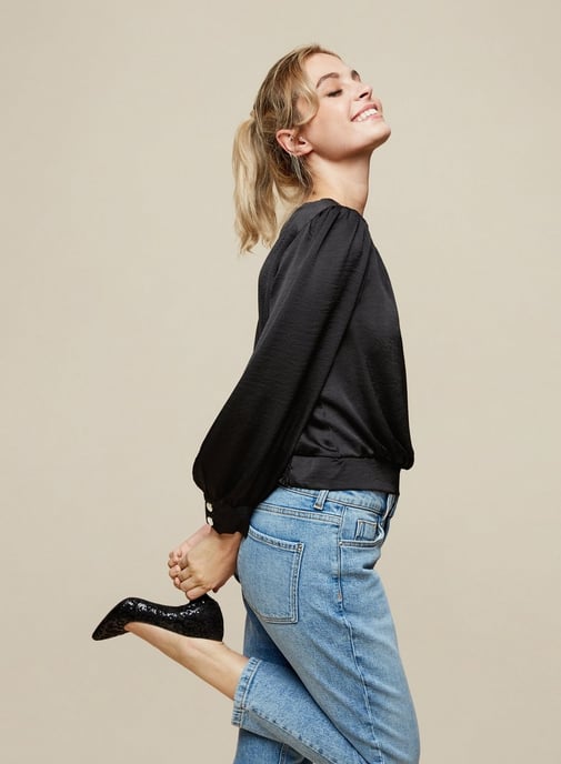 Dorothy Perkins Womens Petite Black Shoulder Padded Top Long Sleeve Blouse Shirt