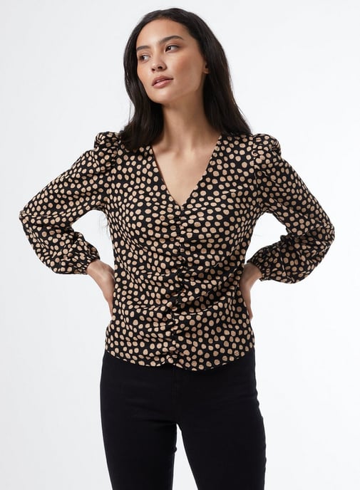 Dorothy Perkins Womens Petite Black Spot Rouched Top Blouse Elegant V-Neck