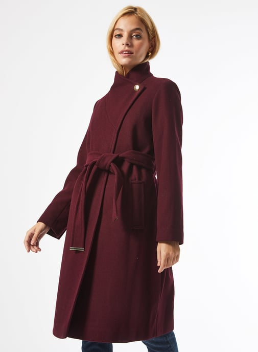 Dorothy Perkins Womens Petite Berry Red Port Belted Coat Jacket Outwear Top