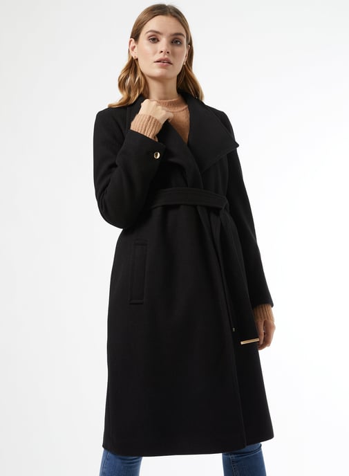 Dorothy Perkins Womens Black Belted Funnel Neck Coat Jacket Outwear Top