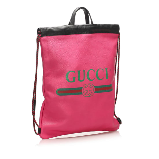 Vintage Gucci Logo Drawstring Leather Backpack Pink - Image 2