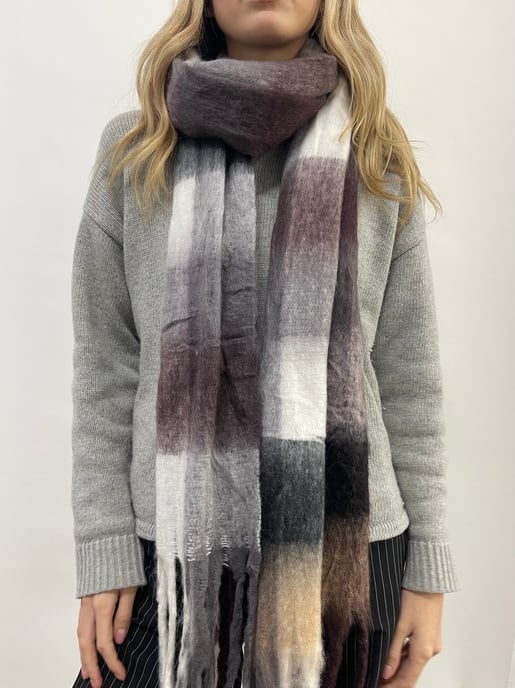 Soft Chunky Checked Scarf with Tassels - Muted Browns