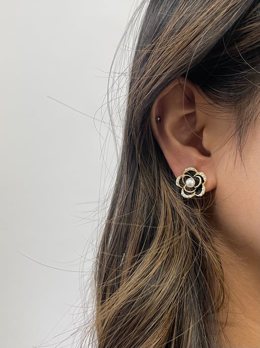 Black Flower Pearl Earrings in Gold - Gift Boxed - Image 4