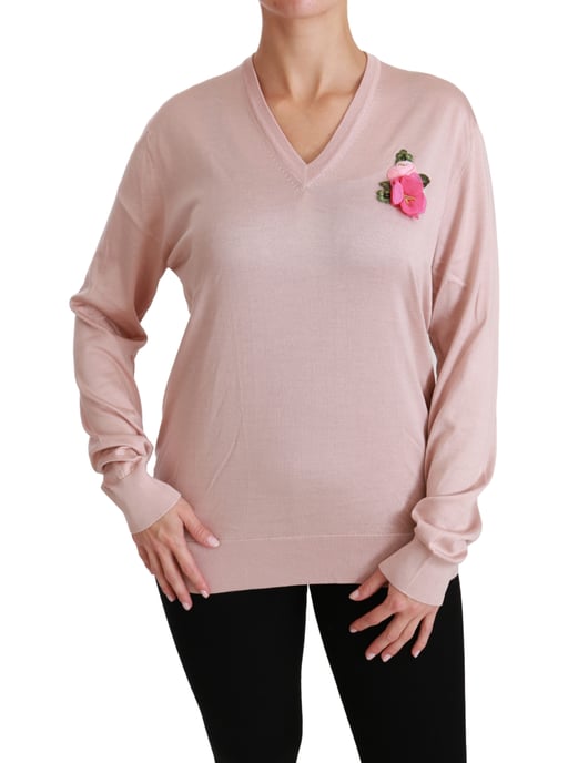 Dolce & Gabbana Rosa Blommig Prydd Pullover Silkeströja - Image 6