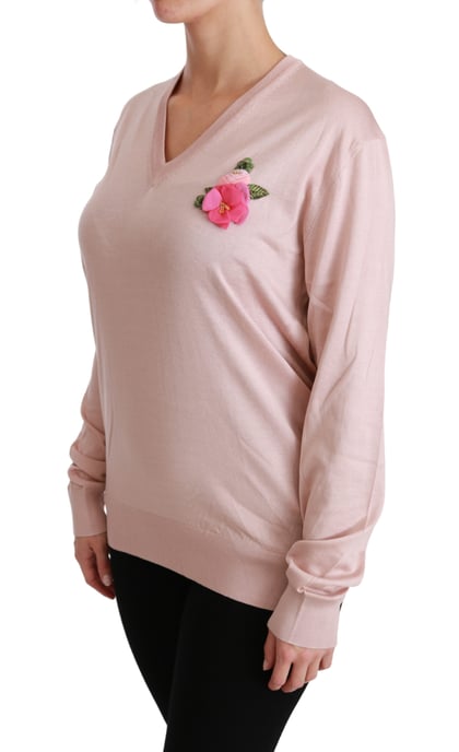Dolce & Gabbana Rosa Blommig Prydd Pullover Silkeströja - Image 3