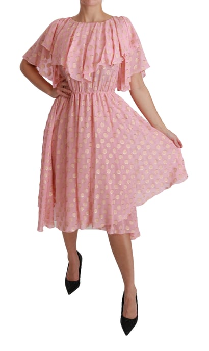 Dolce & Gabbana Silkesammetsklänning med rosa prickar och plisserad A-linje i midi-längd - Image 6