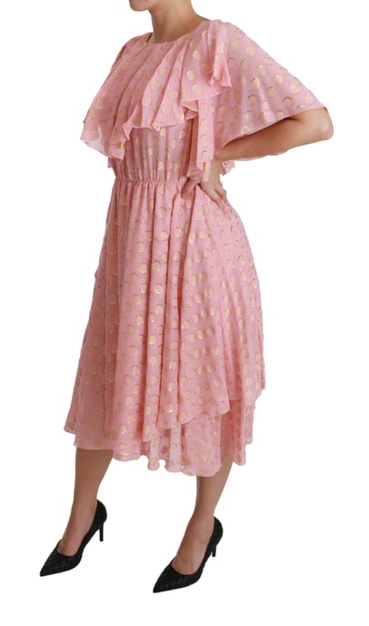 Dolce & Gabbana Silkesammetsklänning med rosa prickar och plisserad A-linje i midi-längd - Image 3