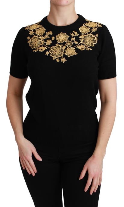Dolce & Gabbana Svart Kasmir Guld Blommig Tröja Top - Image 1