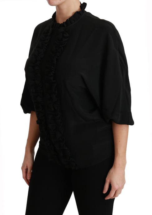 Dolce & Gabbana Svart Silkesblus med Volanger - Image 3