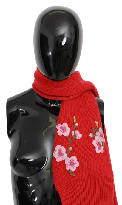 Dolce & Gabbana Red Floral Embroidered Wrap Cashmere Scarf