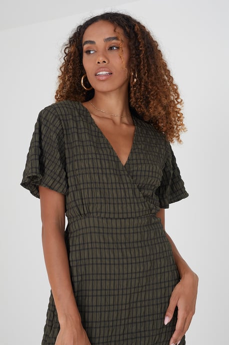 Khaki 'Sherry' V-Neck Midi Dress