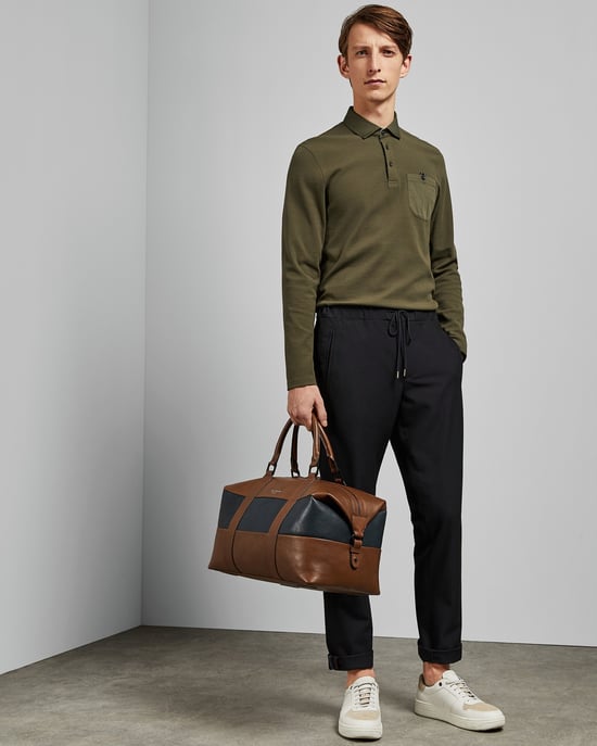 Ted Baker Leopard Long-Sleeved Textured Woven Collar Polo, Khaki