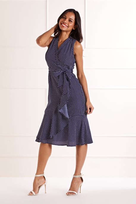 Polka Dot Wrap Front Midi Dress