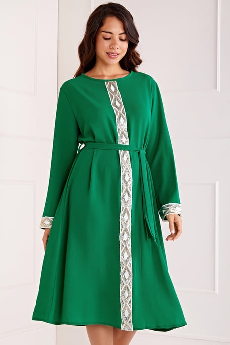 Embroidered Detail Belted Midi Dress