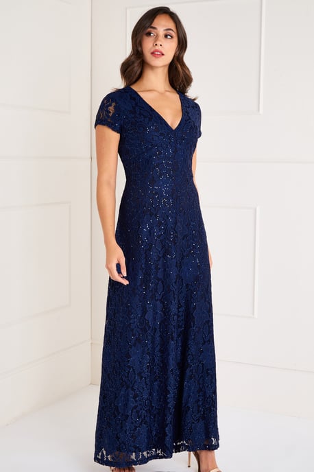 Navy Embellished  V Neck Lace Maxi Dress
