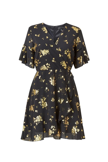 Yumi Rose Foil Printed Wrap Front Skater Dress